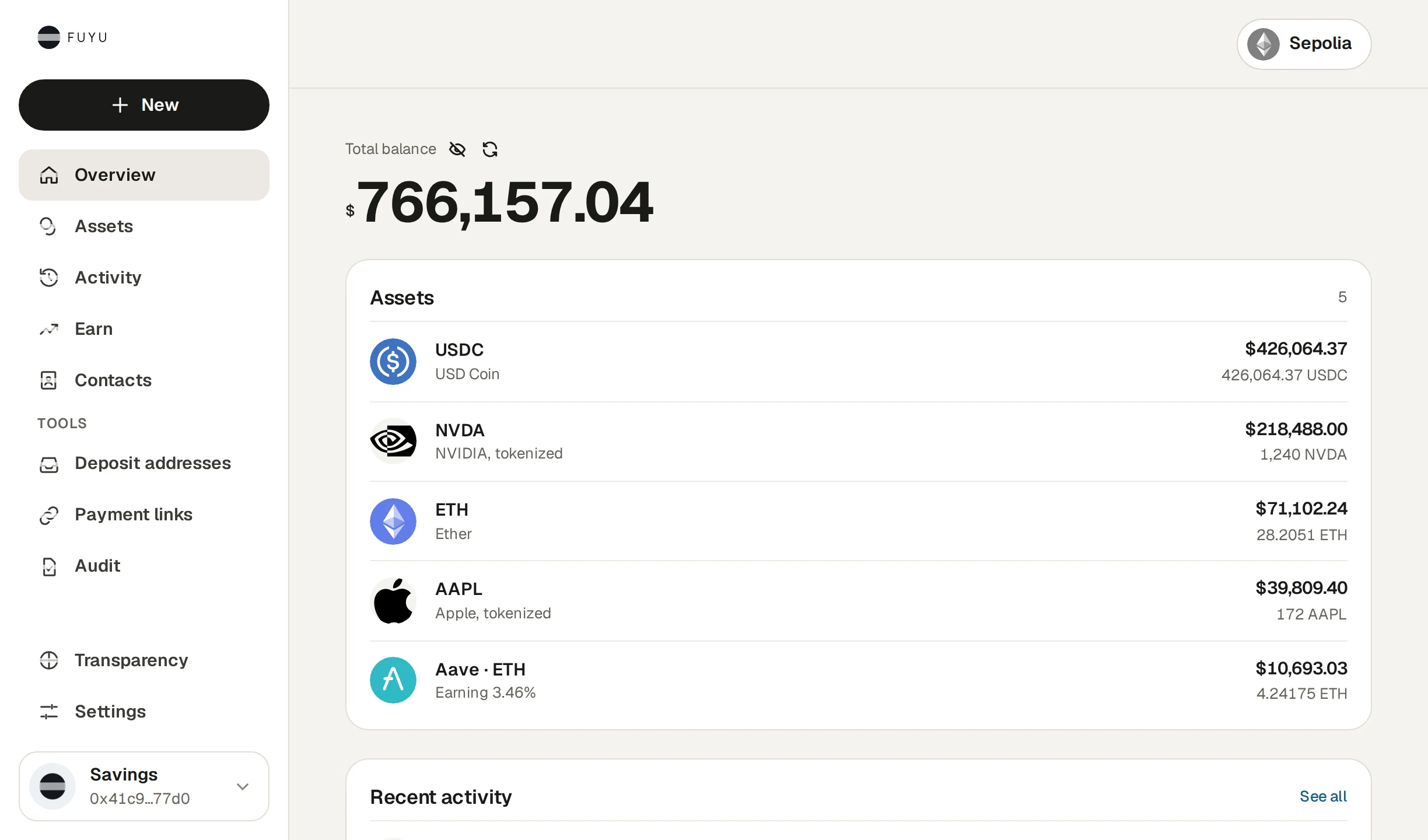 The Fuyu app: an account overview with its total balance, top assets and recent activity